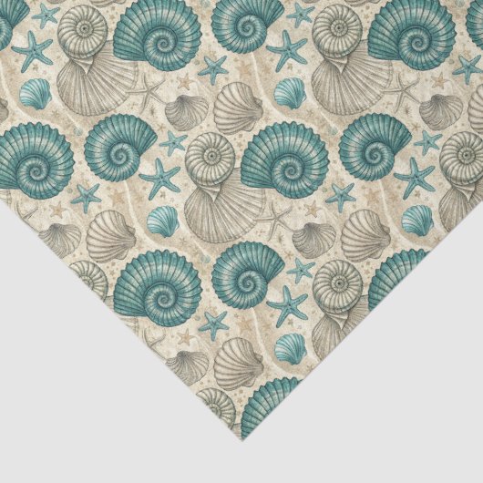 Teal & Beige Beach Shells Pattern Decoupage 薄葉紙 (詳細)