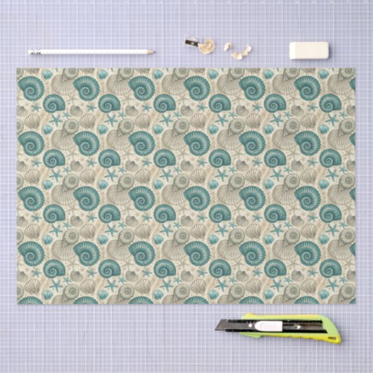 Teal & Beige Beach Shells Pattern Decoupage 薄葉紙 (クラフト)