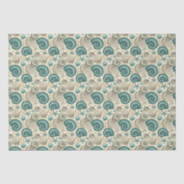 Teal & Beige Beach Shells Pattern Decoupage 薄葉紙