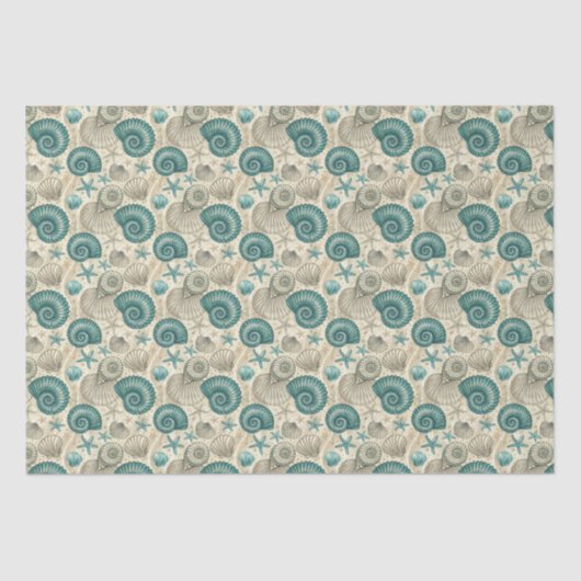 Teal & Beige Beach Shells Pattern Decoupage 薄葉紙 (正面)