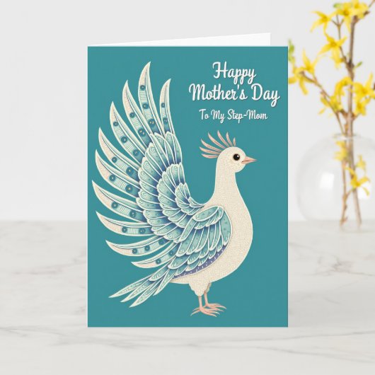 Teal Bird Step Moms Day Card カード (黄色い花)