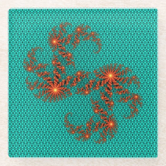 Teal Black Abstract Mandala Pattern ガラスコースター (正面)