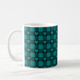 Teal Black Buffalo Heart Plaid コーヒーマグカップ
