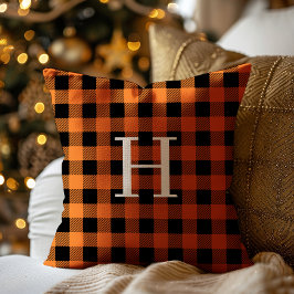 Teal Black Buffalo Plaid Monogram Holiday クッション