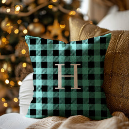 Teal Black Buffalo Plaid Monogram Holiday クッション