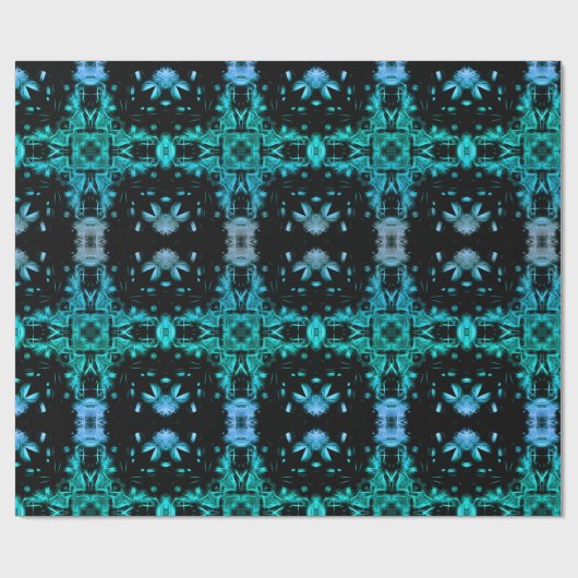 Teal & Black Electric Fractal Kaleidoscope Pattern ラッピングペーパー (フラット)