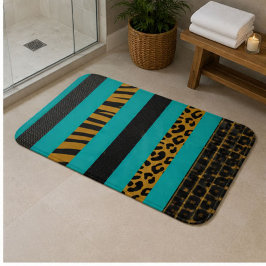 Teal Black Gold Glam Luxury Animal Sparkle Stripe バスマット