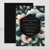 Teal Bloom Nocturne Wedding 招待状 (正面/裏面)