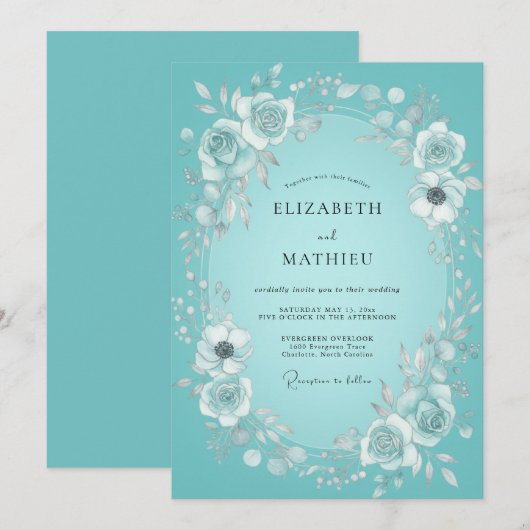Teal Bloom Wreath Wedding 招待状 (正面/裏面)