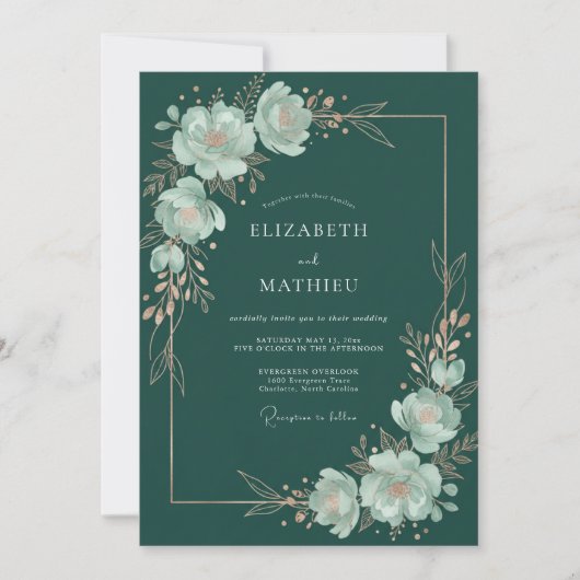 Teal Blossom Botanical Flourish Wedding 招待状 (正面)