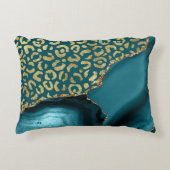 Teal Blue Agate Gold Leopard Spots アクセントクッション (正面)