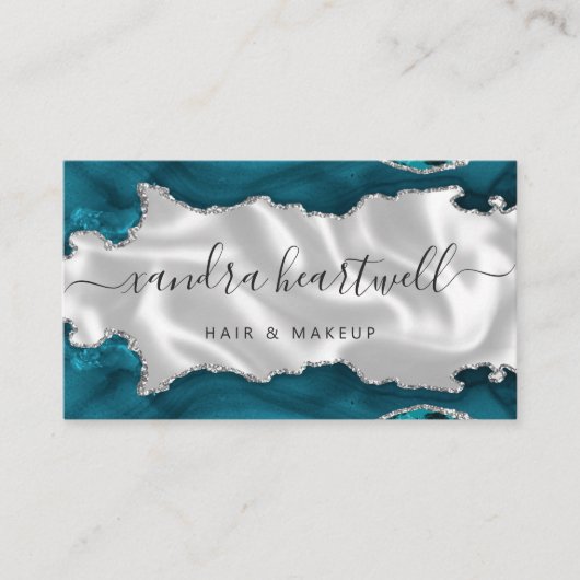 Teal Blue Agate Silver Glitter Stylist Appointment 名刺 (正面)