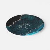 Teal Blue Agate Silver Script Wedding ペーパープレート (アングル)