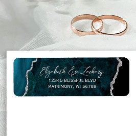 Teal Blue Agate Silver Wedding Return Address ラベル