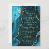 Teal Blue and Gold Agate Marble Birthday Party 招待状 (正面)