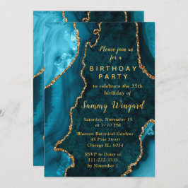 Teal Blue and Gold Agate Marble Birthday Party 招待状
