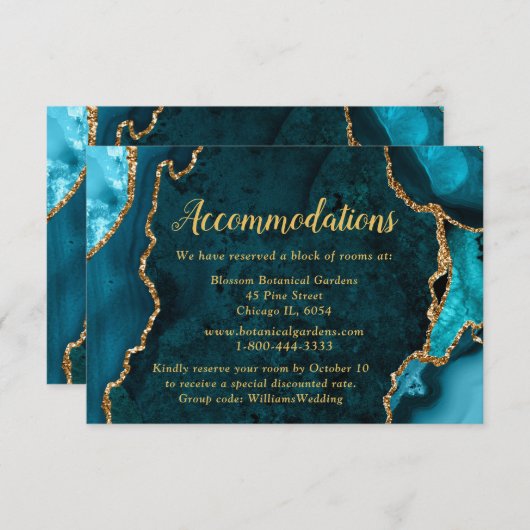 Teal Blue and Gold Agate Wedding Accommodations エンクロージャーカード (正面/裏面)