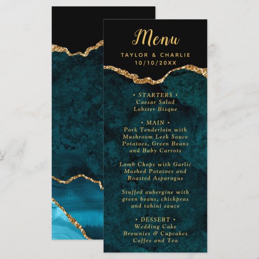 Teal Blue and Gold Agate Wedding Menu メニュー (正面/裏面)
