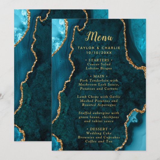 Teal Blue and Gold Agate Wedding Menu メニュー (正面/裏面)