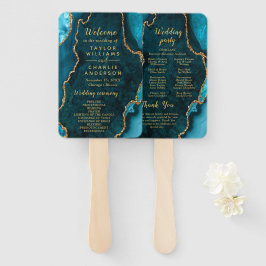 Teal Blue and Gold Agate Wedding Program ハンドファン