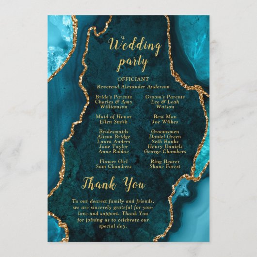 Teal Blue and Gold Agate Wedding Program プログラム (裏面)