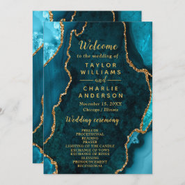 Teal Blue and Gold Agate Wedding Program プログラム