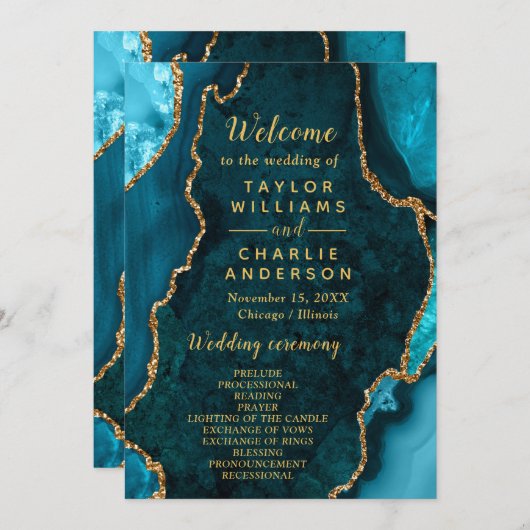 Teal Blue and Gold Agate Wedding Program プログラム (正面/裏面)