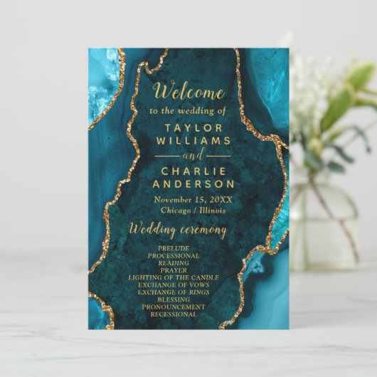 Teal Blue and Gold Agate Wedding Program プログラム (スタンド正面)