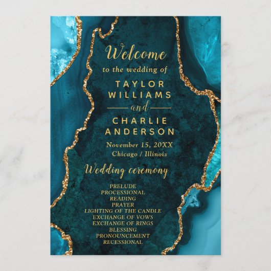 Teal Blue and Gold Agate Wedding Program プログラム (正面)