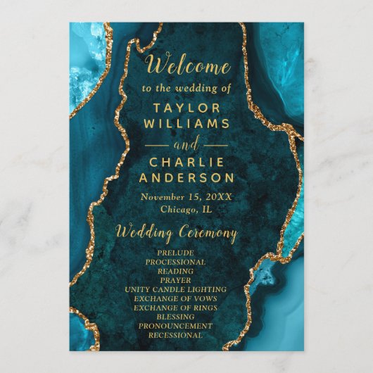 Teal Blue and Gold Agate Wedding Program プログラム (正面)