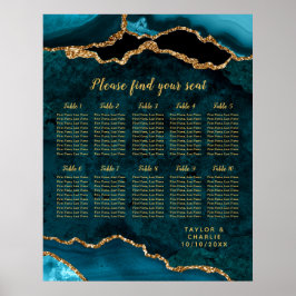 Teal Blue and Gold Agate Wedding Seating Chart ポスター