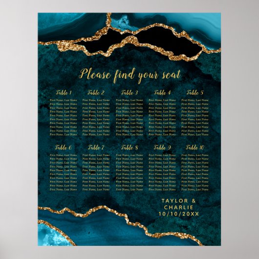 Teal Blue and Gold Agate Wedding Seating Chart ポスター (正面)