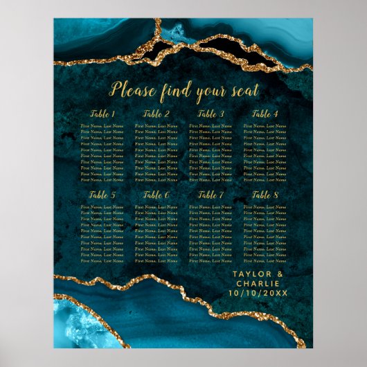 Teal Blue and Gold Agate Wedding Seating Chart ポスター (正面)