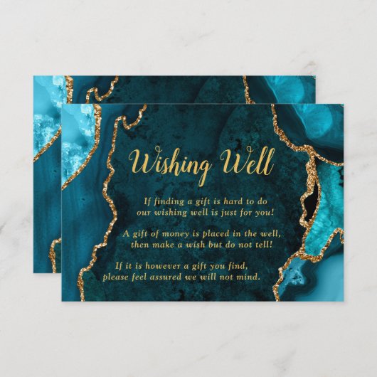 Teal Blue and Gold Agate Wedding Wishing Well エンクロージャーカード (正面/裏面)