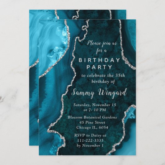 Teal Blue and Silver Agate Marble Birthday Party 招待状 (正面/裏面)