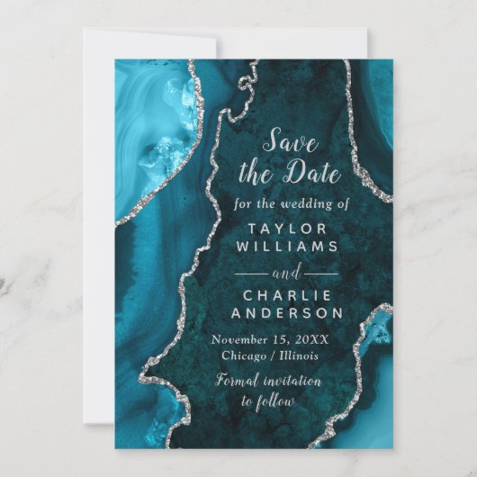 Teal Blue and Silver Agate Marble Save The Date 招待状 (正面)