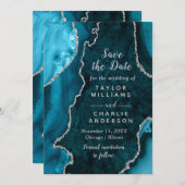 Teal Blue and Silver Agate Marble Save The Date 招待状 (正面/裏面)