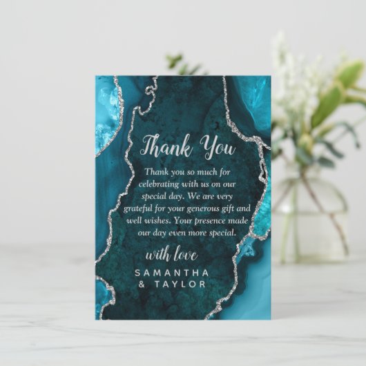 Teal Blue and Silver Agate Marble Wedding サンキューカード (スタンド正面)