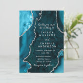 Teal Blue and Silver Agate Marble Wedding 招待状 (スタンド正面)