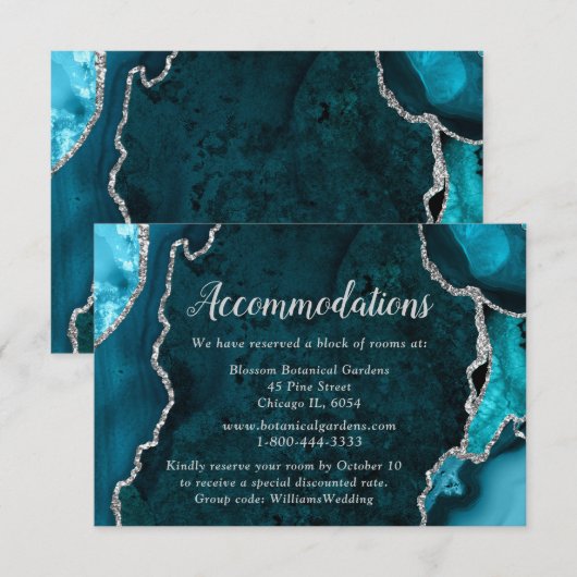 Teal Blue and Silver Agate Wedding Accommodations エンクロージャーカード (正面/裏面)