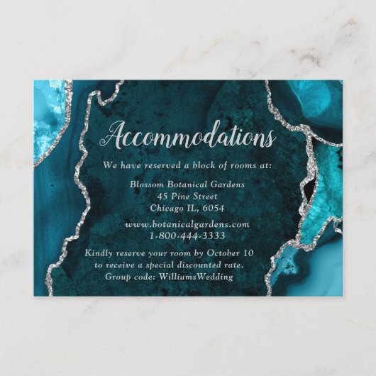 Teal Blue and Silver Agate Wedding Accommodations エンクロージャーカード (正面)