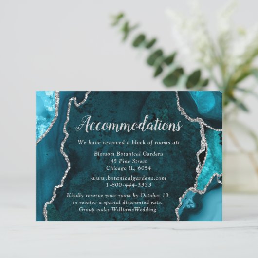 Teal Blue and Silver Agate Wedding Accommodations エンクロージャーカード (スタンド正面)