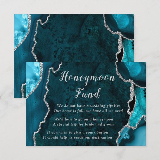 Teal Blue and Silver Agate Wedding Honeymoon Fund エンクロージャーカード (正面/裏面)