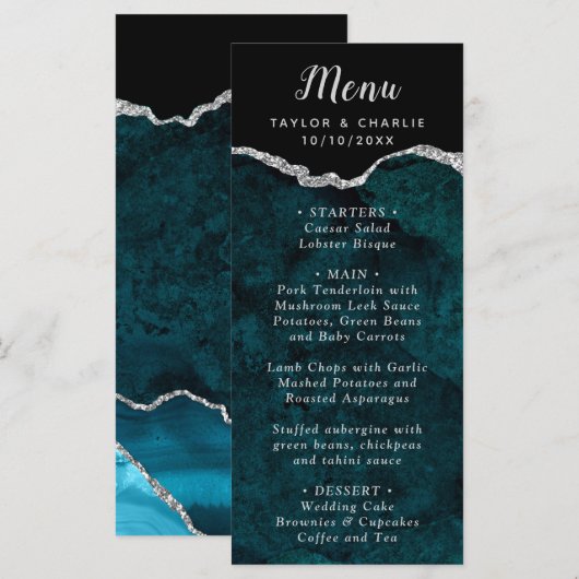 Teal Blue and Silver Agate Wedding Menu メニュー (正面/裏面)