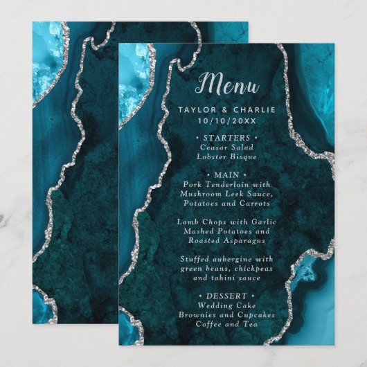 Teal Blue and Silver Agate Wedding Menu メニュー (正面/裏面)