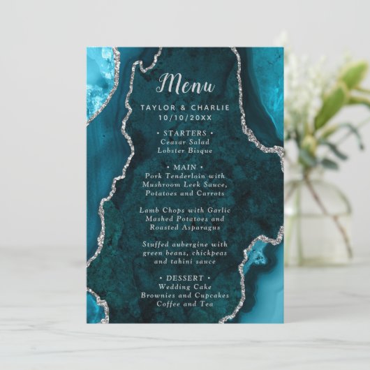 Teal Blue and Silver Agate Wedding Menu メニュー (スタンド正面)