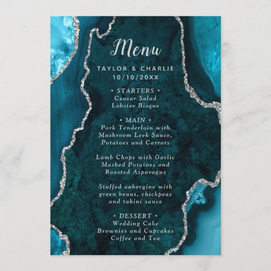 Teal Blue and Silver Agate Wedding Menu メニュー (正面)
