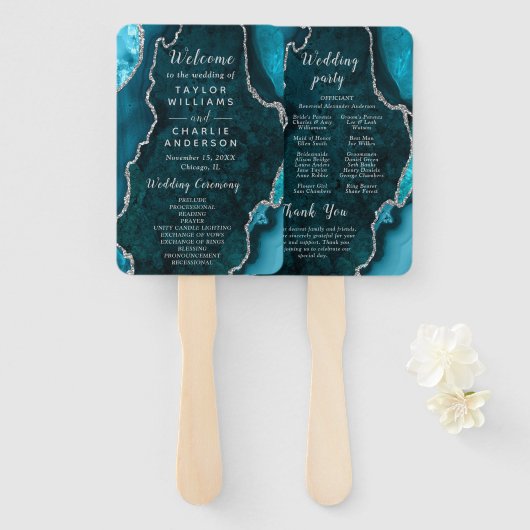 Teal Blue and Silver Agate Wedding Program ハンドファン (正面&裏面)