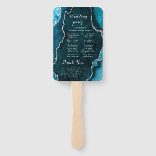 Teal Blue and Silver Agate Wedding Program ハンドファン (裏面)