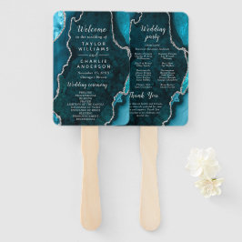 Teal Blue and Silver Agate Wedding Program ハンドファン